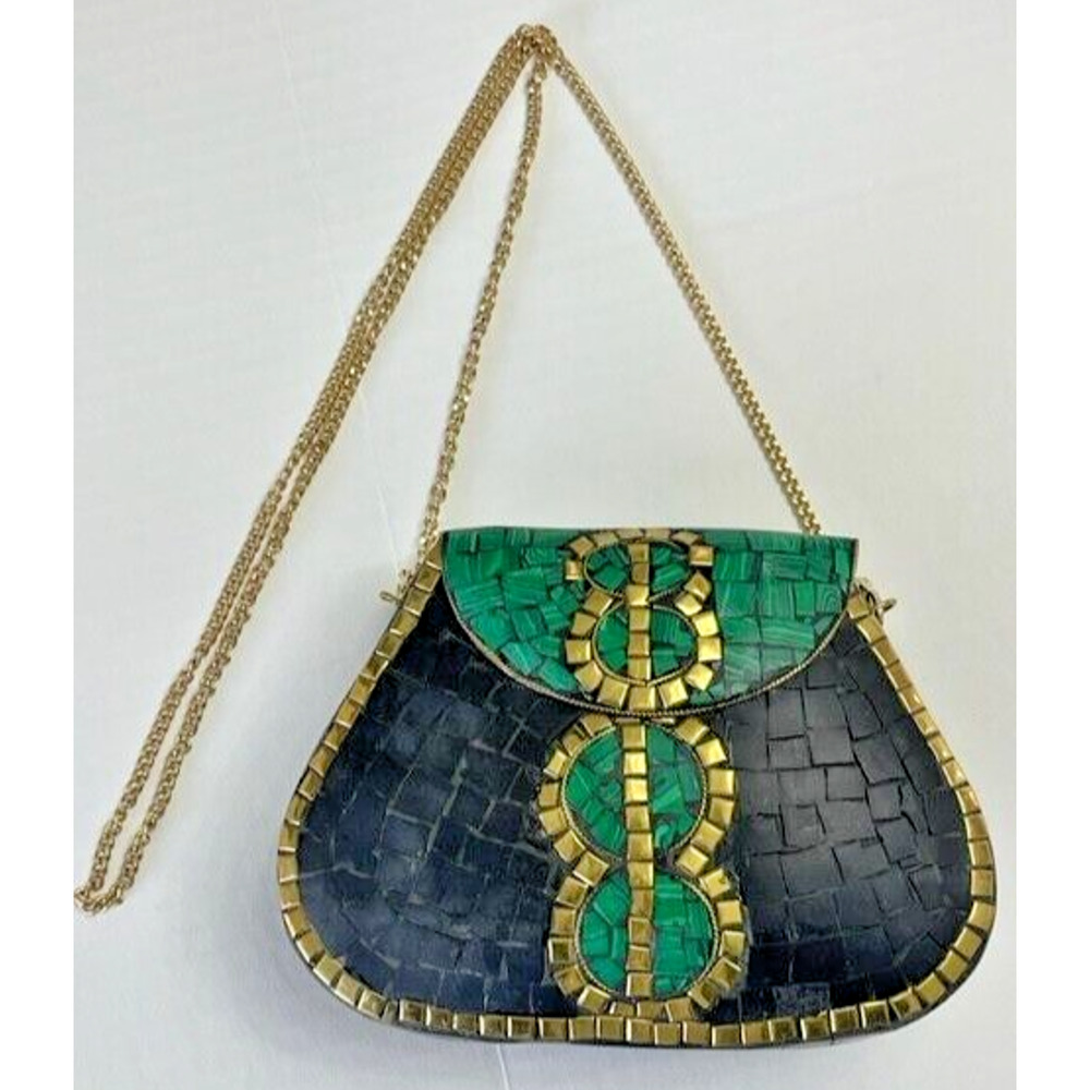 RAMLA Porte-Moi Handmade Mosaic Art Work Green Black Gold Crossbody Bag $145